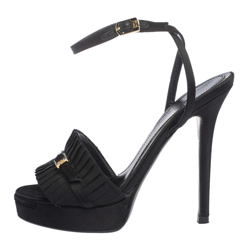 Original Fendi Black Satin Pleated Detail And FF Logo Buckle Ankle Strap Platform Sandals Size 35