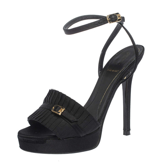 Original Fendi Black Satin Pleated Detail And FF Logo Buckle Ankle Strap Platform Sandals Size 35