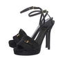 Original Fendi Black Satin Pleated Detail And FF Logo Buckle Ankle Strap Platform Sandals Size 35