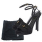 Original Fendi Black Satin Pleated Detail And FF Logo Buckle Ankle Strap Platform Sandals Size 35