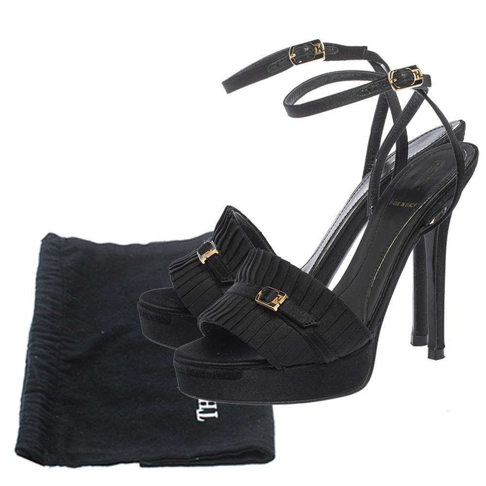 Original Fendi Black Satin Pleated Detail And FF Logo Buckle Ankle Strap Platform Sandals Size 35