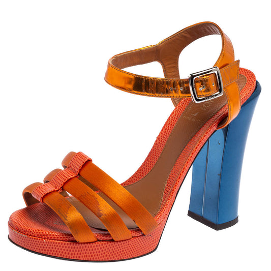 Original Fendi Orange Satin, Leather, And Lizard Embossed Leather Ankle Strap Sandals Size 38.5