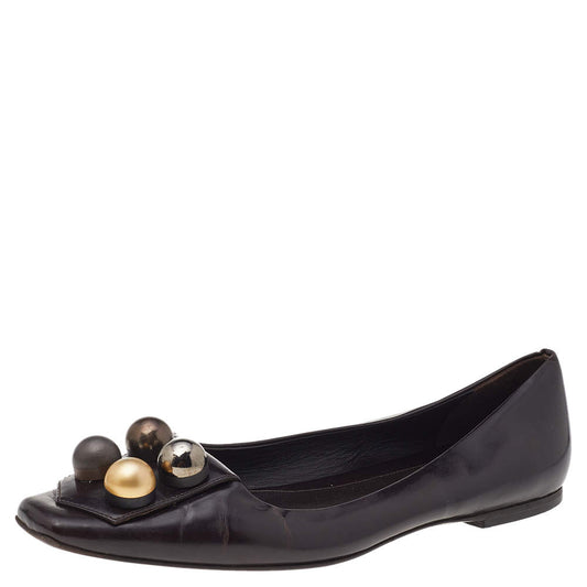 Original Fendi Dark Brown Leather Embellished Ballet Flats Size 39