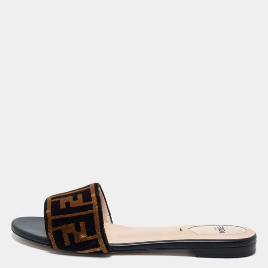 Original Fendi Tobacco Zucca Velvet Flat Slide Sandals Size 38