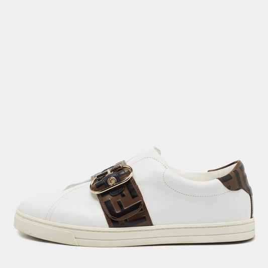 Original Fendi White and Brown FF Logo Sneakers Size 39