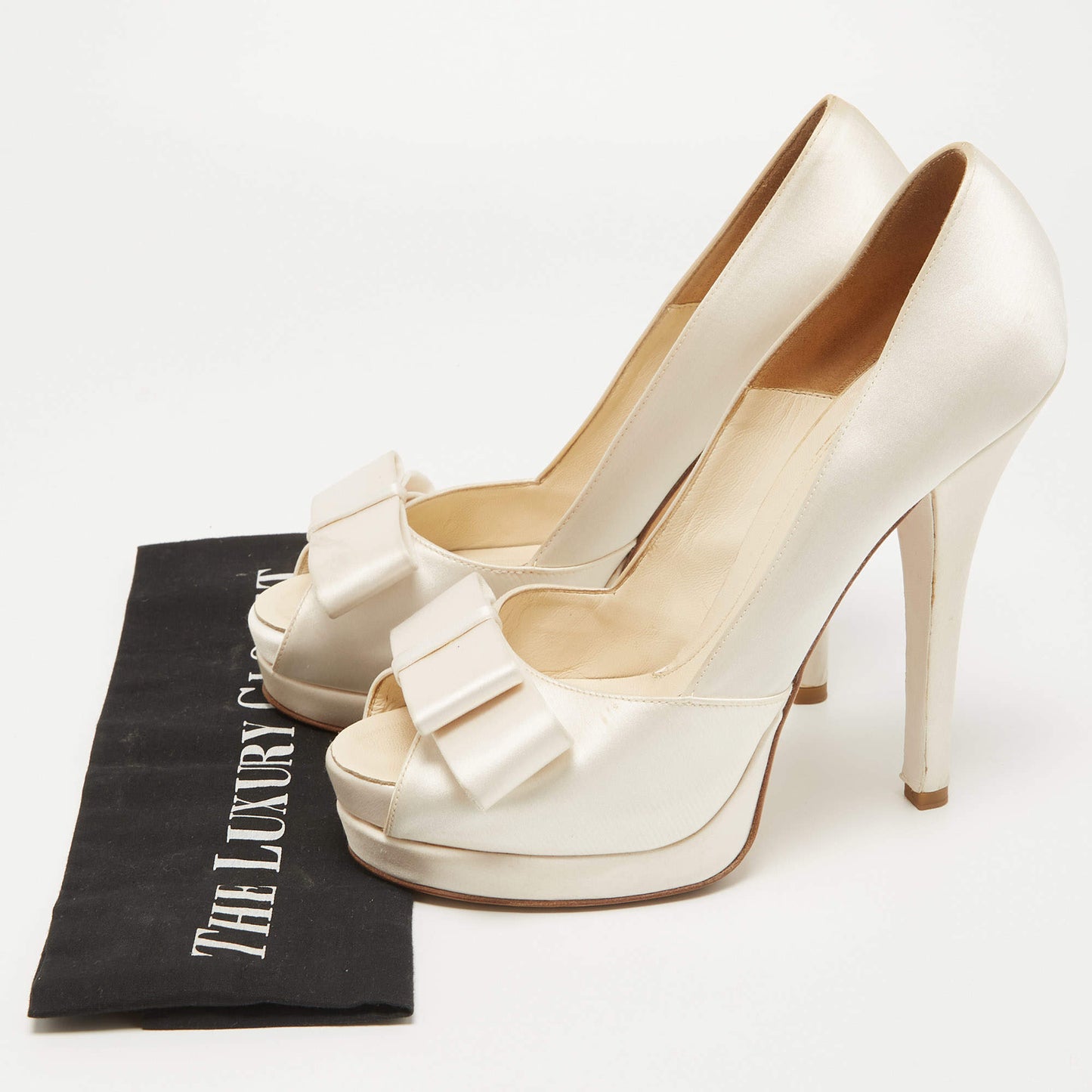 Original Fendi White Satin Deco Bow Peep Toe Platform Pumps Size 39