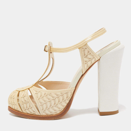 Original Fendi Cream/White Laser Cut Leather Block Heel Sandals Size 39