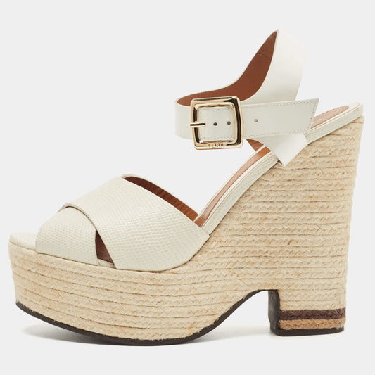 Original Fendi White Patent Leather and Lizard Embossed Leather Wedge Platform Ankle Strap Sandals Size 40