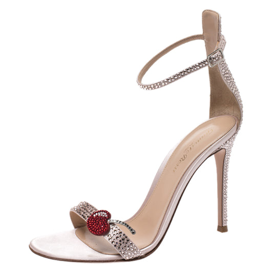 Original Gianvito Rossi Light Pink Crystal Embellished Satin Cherry Portofino Ankle Strap Open Toe Sandals Size 38 (Never Used)