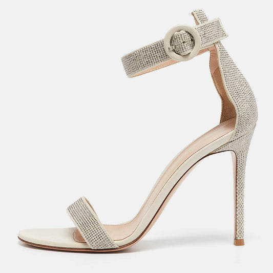 Original Gianvito Rossi Off White Suede Embellished Portofino Ankle Cuff Sandals Size 40