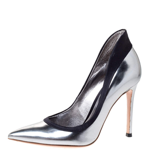 Original Gianvito Rossi Metallic/Black Leather and Satin Pointed Toe Pumps Size 35.5