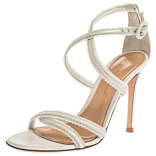 Original Gianvito Rossi White Criss Cross Leather Brad Strap Sandals Size 35