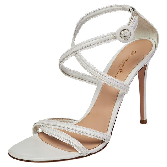 Original Gianvito Rossi White Leather Scalloped Bra Strap Ankle Strap Sandals Size 41