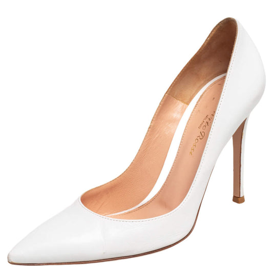 Original Gianvito Rossi White Leather Pointed Toe Pumps Size 37