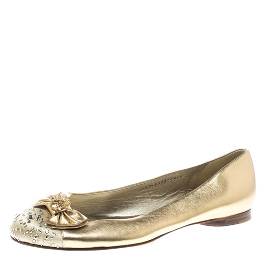 Original Gina Metallic Gold/Beige Leather and Satin Crystal Embellished Cap Toe Bow Ballet Flats Size 41