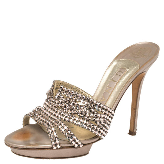 Original   Gina Rose Gold Crystal Embellished Leather Slide Sandals Size 38.5