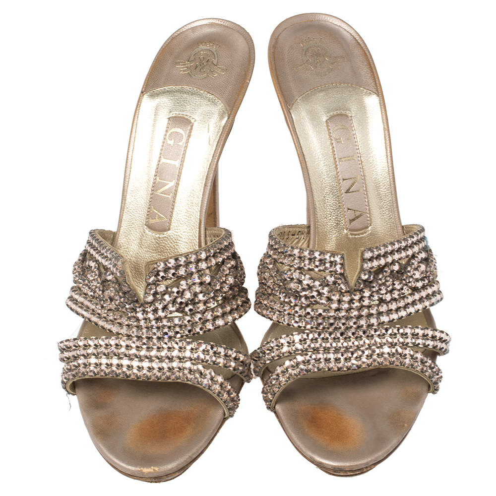 Original   Gina Rose Gold Crystal Embellished Leather Slide Sandals Size 38.5