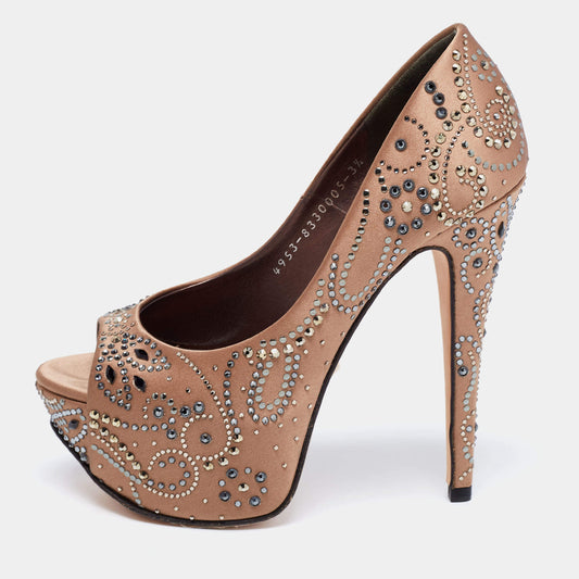 Original Gina Light Brown Satin Crystal Embellished Peep-Toe Platform Pumps Size 36.5