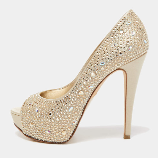 Original Gina Gold Crystal Embellished Satin Peep Toe Platform Pumps Size 37.5