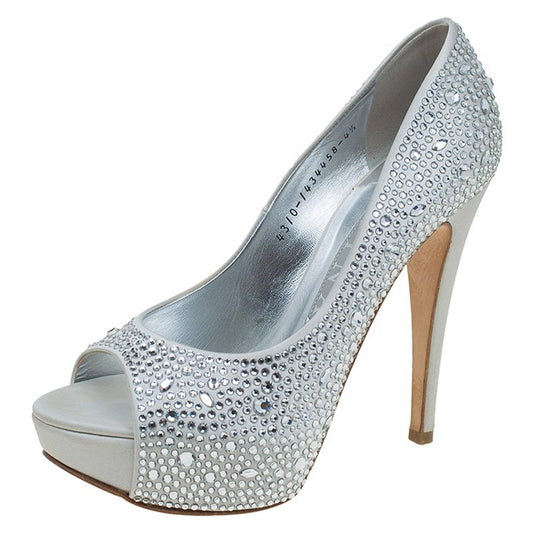 Original Gina White Satin Crystal Embellished Peep Toe Platform Pumps Size 37.5