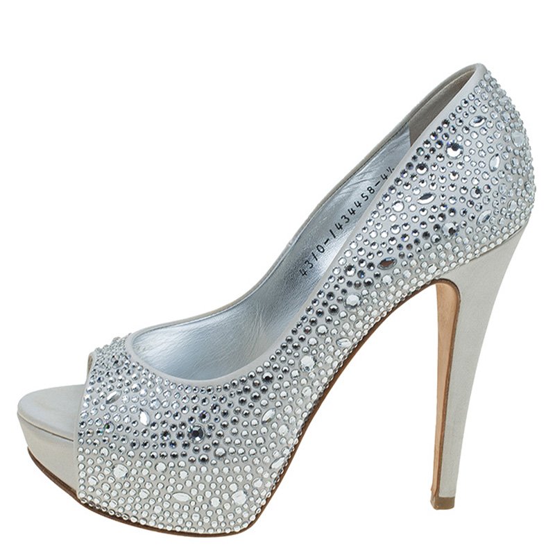 Original Gina White Satin Crystal Embellished Peep Toe Platform Pumps Size 37.5