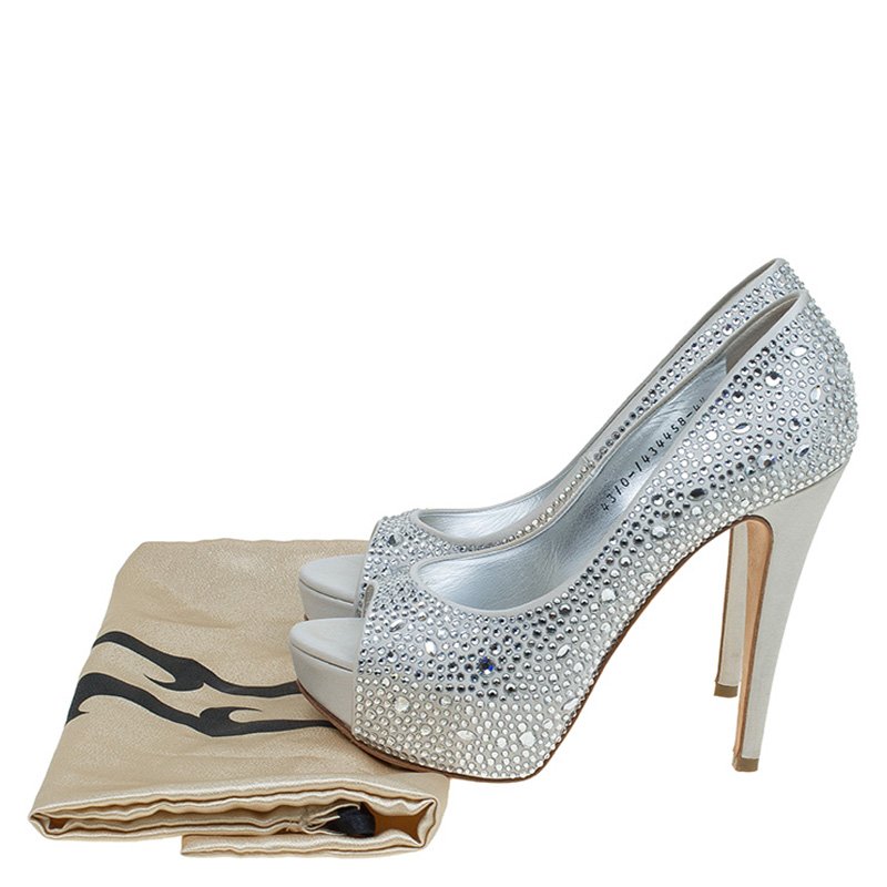 Original Gina White Satin Crystal Embellished Peep Toe Platform Pumps Size 37.5