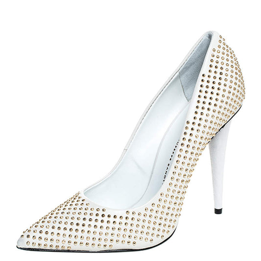 Original Giuseppe Zanotti White Leather Studded Pointed Toe Pumps Size 38.5 (Never Used)