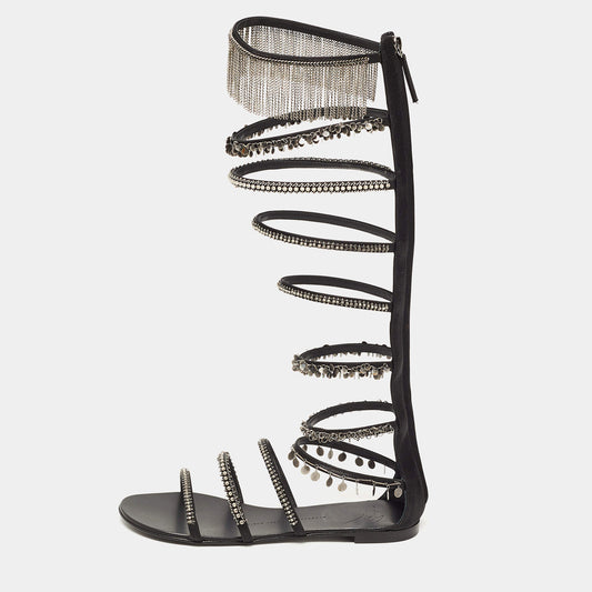 Original Giuseppe Zanotti Black Satin Embellished Gladiator Sandals Size 38 (Never Used)