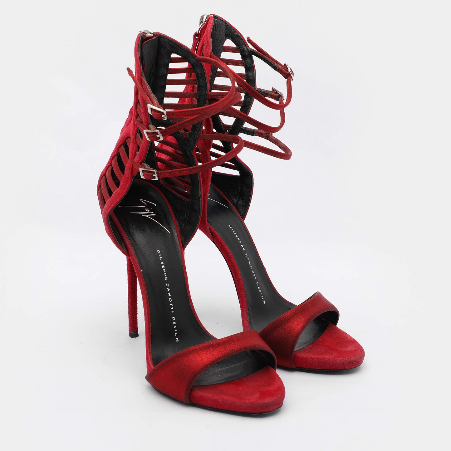 Original Giuseppe Zanotti Red Suede and Satin Caged Sandals Size 38