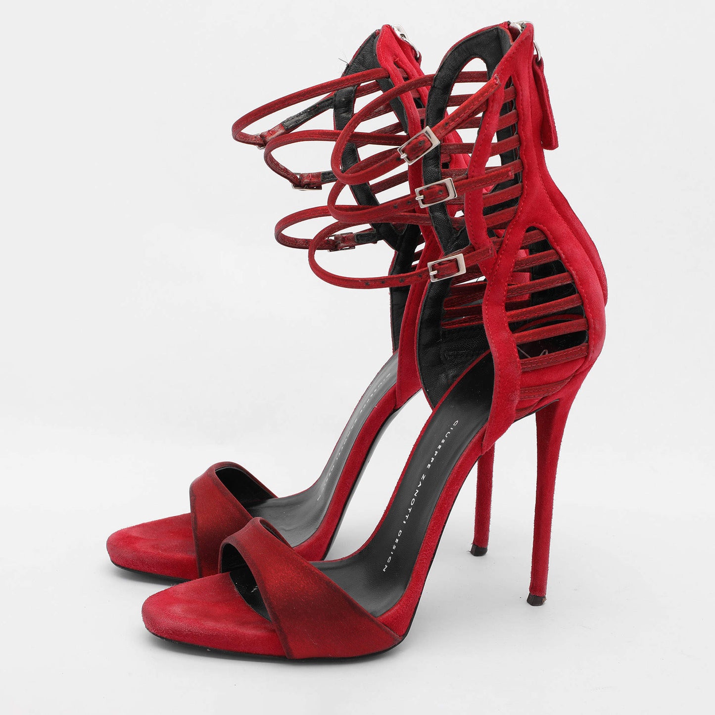 Original Giuseppe Zanotti Red Suede and Satin Caged Sandals Size 38