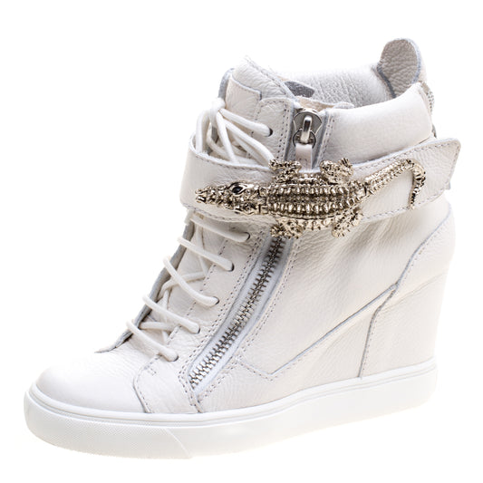 Original Guiseppe Zanotti Off White Leather Gator Detail High Top Wedge Sneakers Size 39