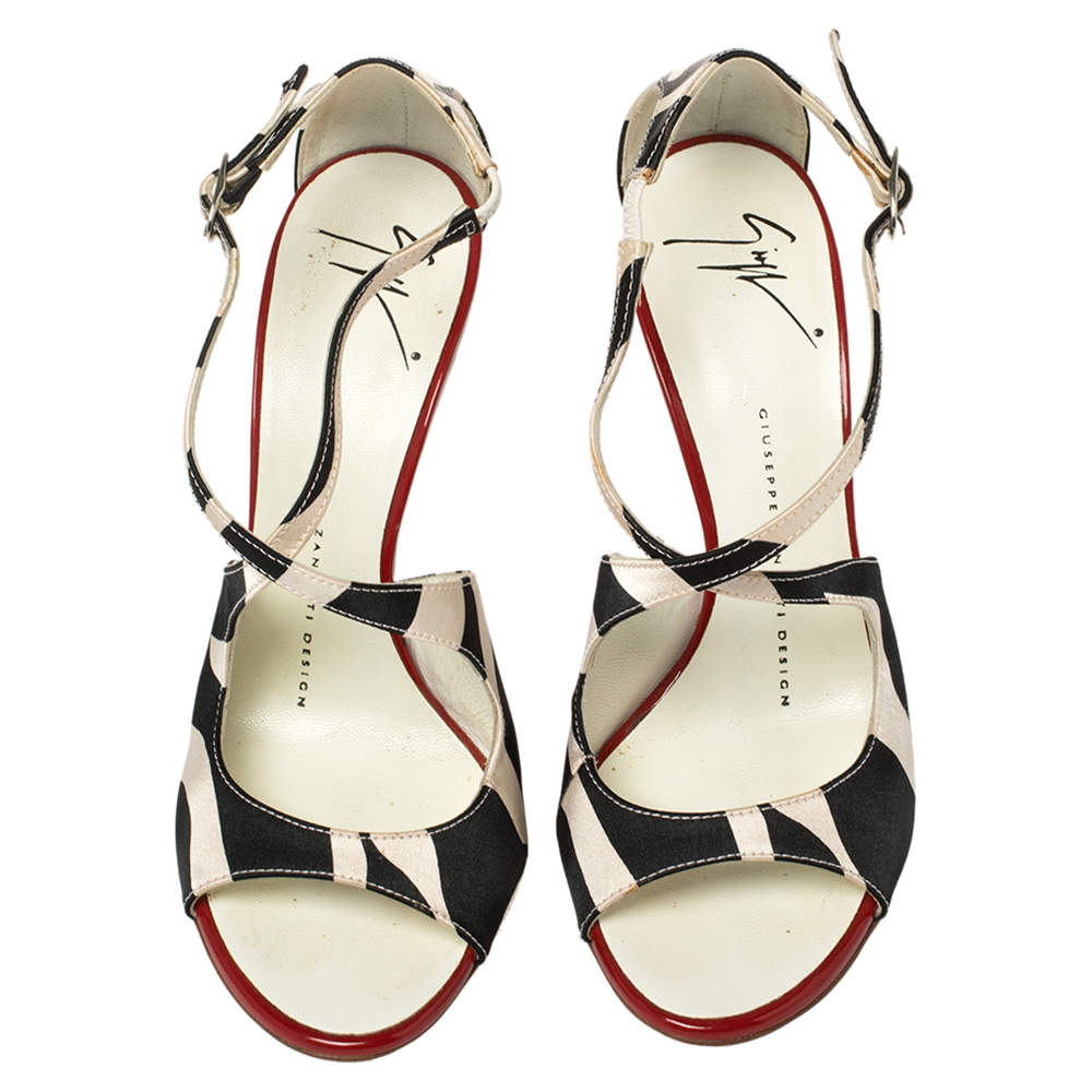 Original Giuseppe Zanotti White/Black Satin Ankle Strap Sandals Size 36.5