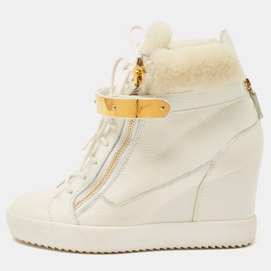 Original Giuseppe Zanotti White Leather Chain Detail Tumbled Wedge Sneakers Size 42