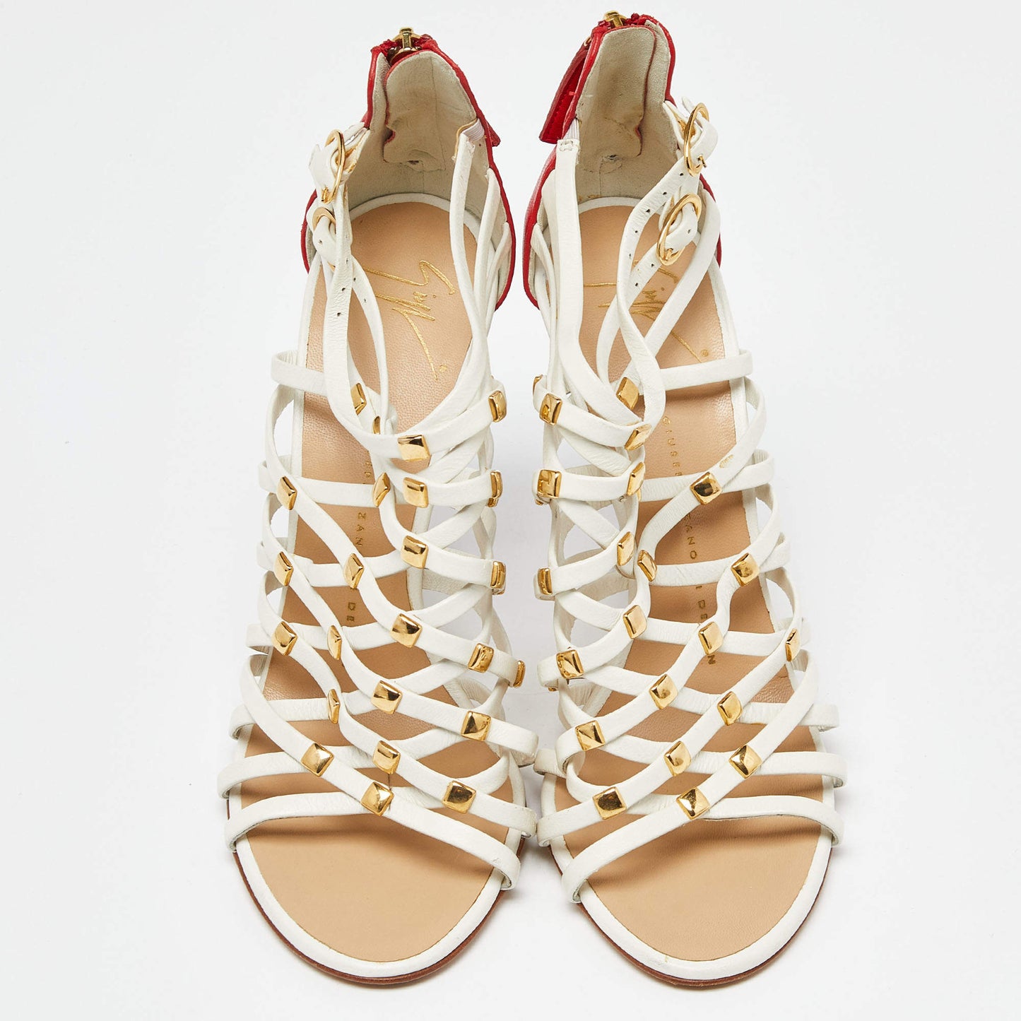 Original Giuseppe Zanotti White/Red Leather Embellished Strappy Sandals Size 38.5