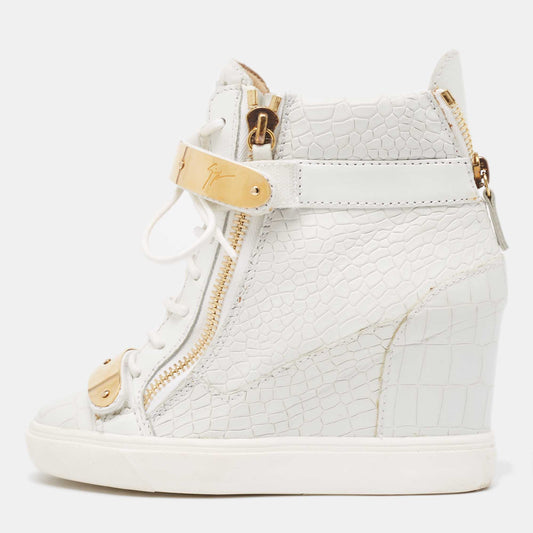 Original Giuseppe Zanotti White Croc Embossed Leather Wedge High Top Sneakers Size 36