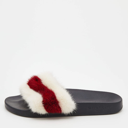 Original Givenchy White/Red Mink Fur Striped Flat Slides Size 38