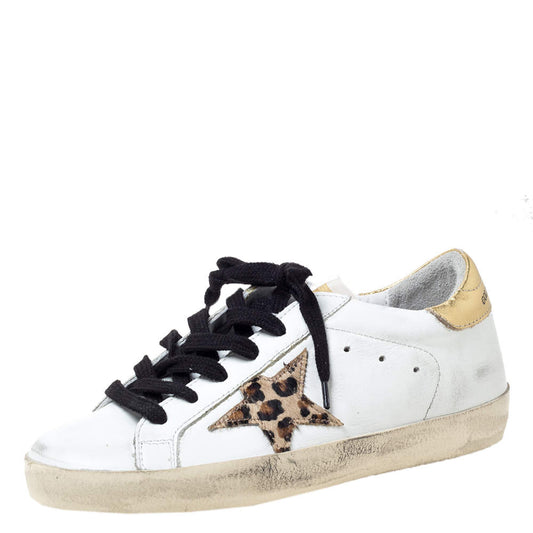 Original Golden Goose Deluxe Brand White Leather Gold Metallic Tab Leopard Star Superstar Size 35 (Never Used)