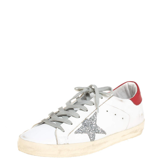 Original Golden Goose White/Silver Leather And Glitter Superstar Lace Up Sneakers Size 40