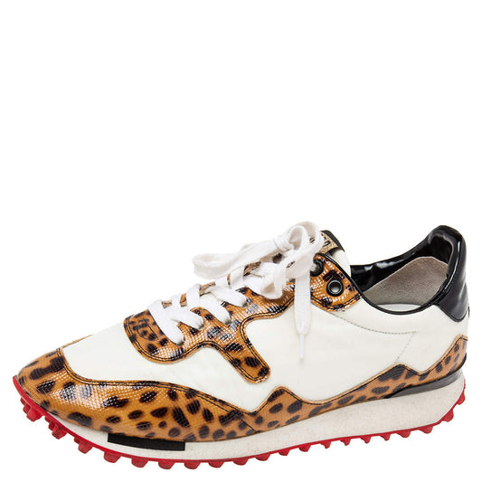 Original Golden Goose White/Brown Nylon and Animal Print Patent Leather Low-Top Sneakers Size 39