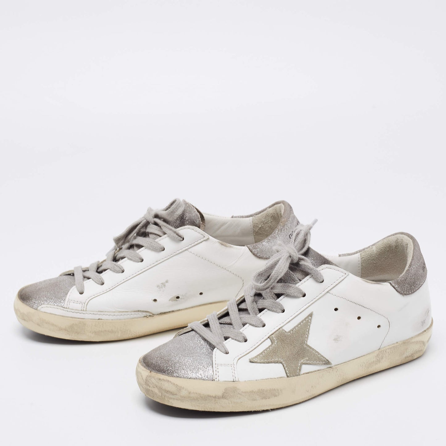 Original Golden Goose White/Silver Leather and Glitter Super Star Low-Top Sneakers Size 36