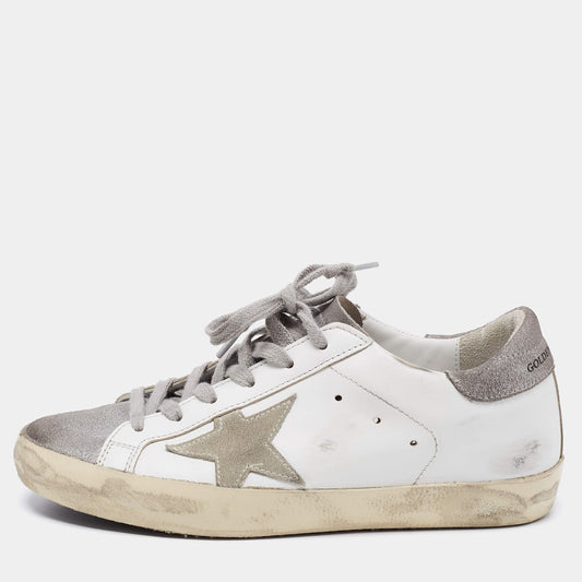 Original Golden Goose White/Silver Leather and Glitter Super Star Low-Top Sneakers Size 36