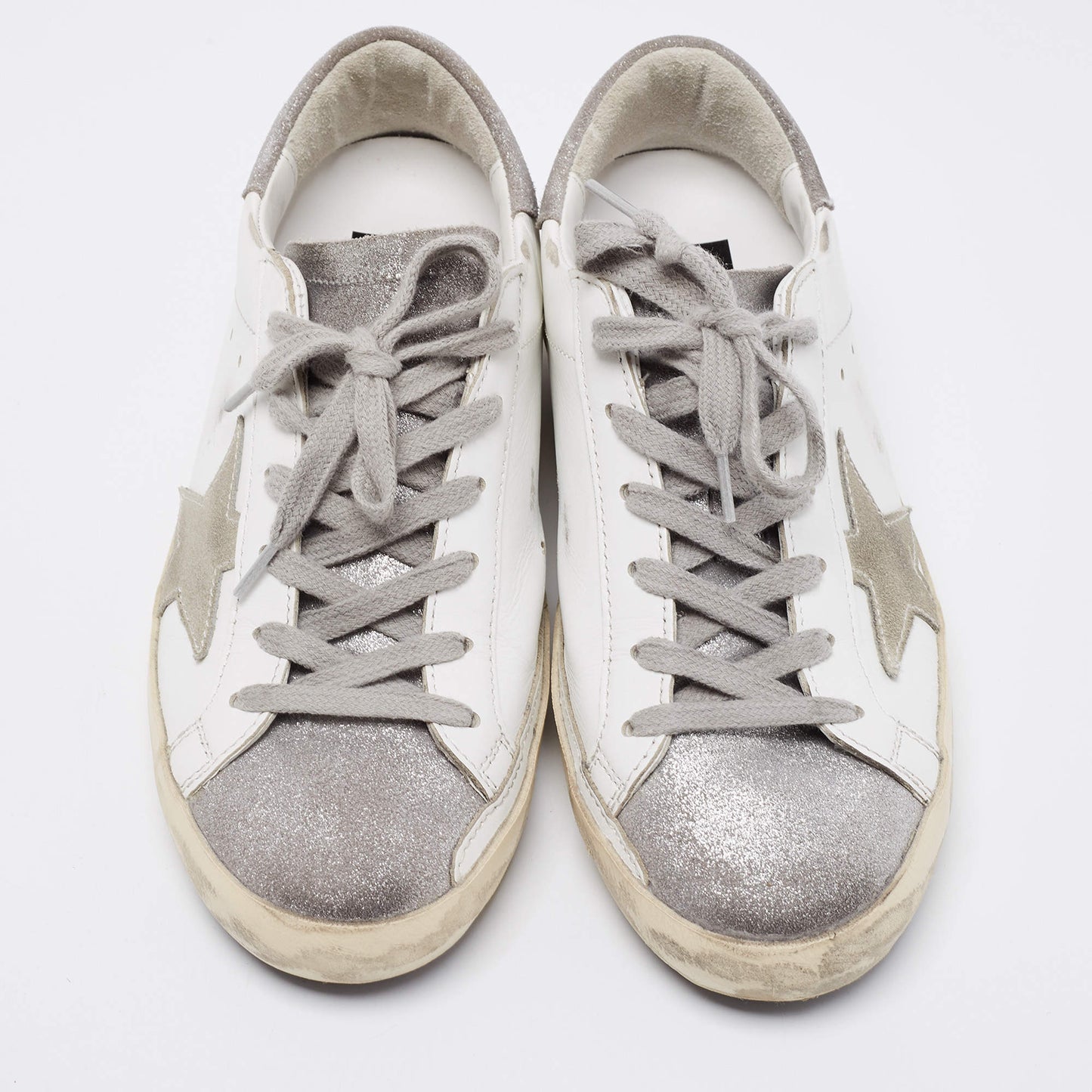 Original Golden Goose White/Silver Leather and Glitter Super Star Low-Top Sneakers Size 36