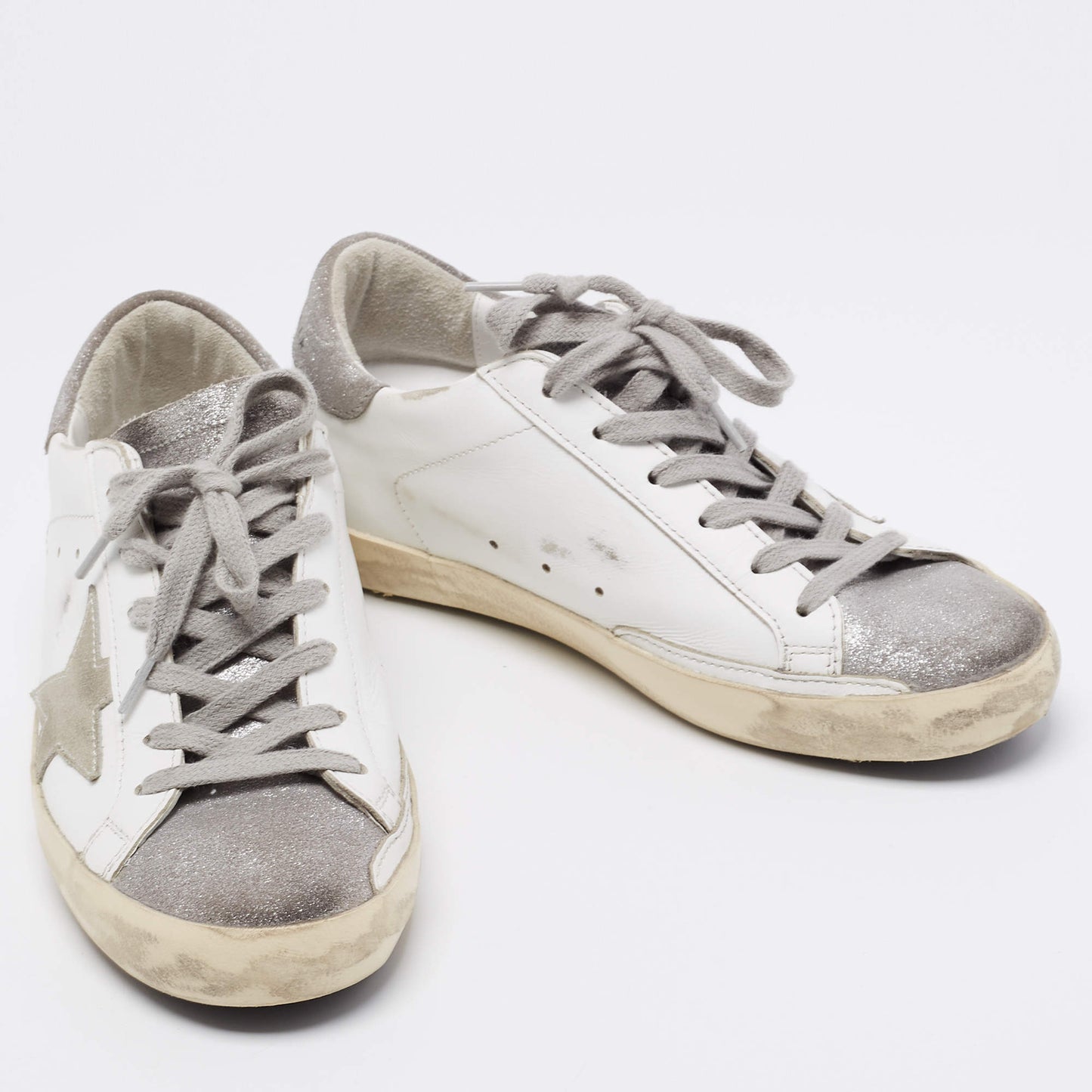 Original Golden Goose White/Silver Leather and Glitter Super Star Low-Top Sneakers Size 36