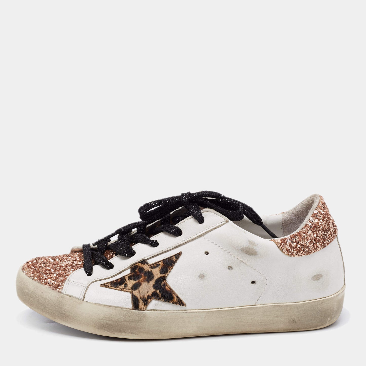 Original Golden Goose White/Rose Gold Leather and Glitter Super Star Low-Top Sneakers Size 36