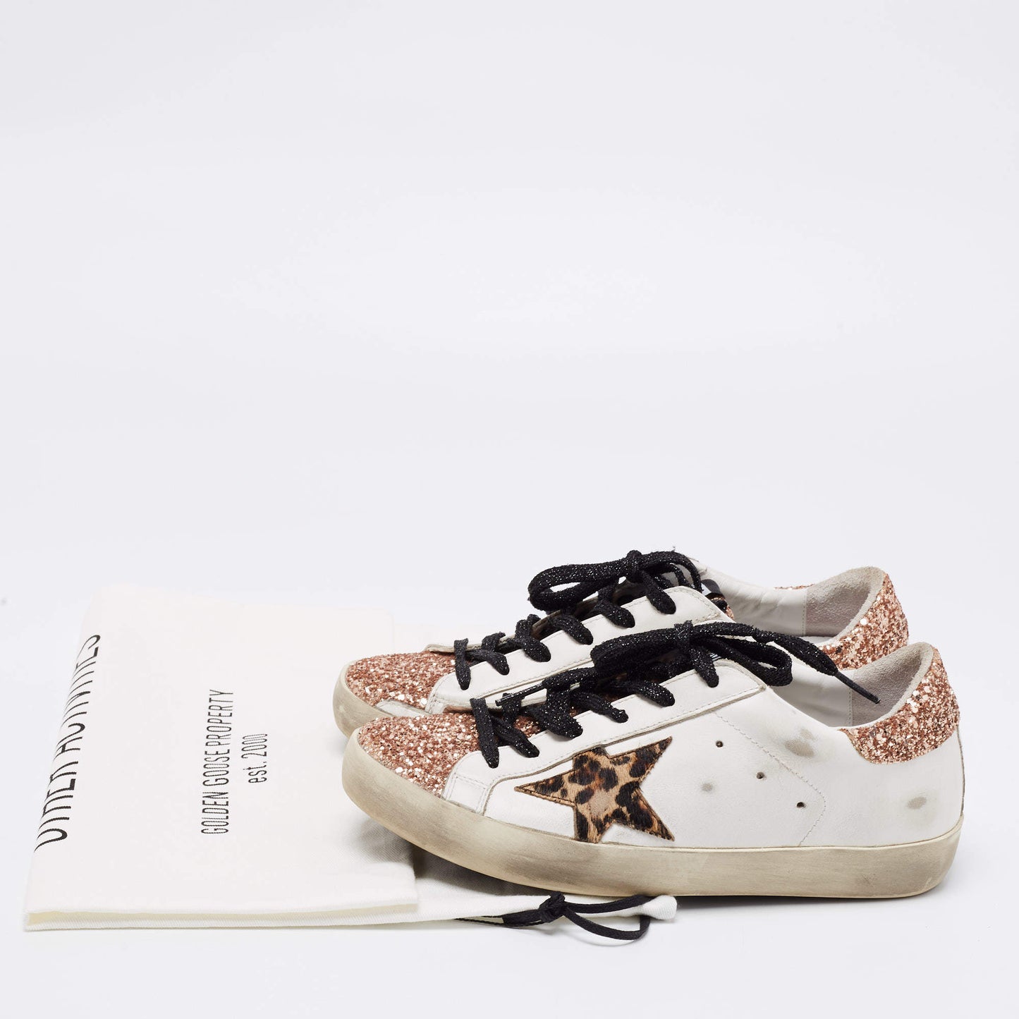 Original Golden Goose White/Rose Gold Leather and Glitter Super Star Low-Top Sneakers Size 36