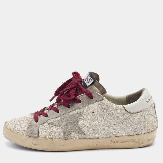 Original Golden Goose Off-White/Grey Glitter and Suede Superstar Low Top Sneakers Size 38