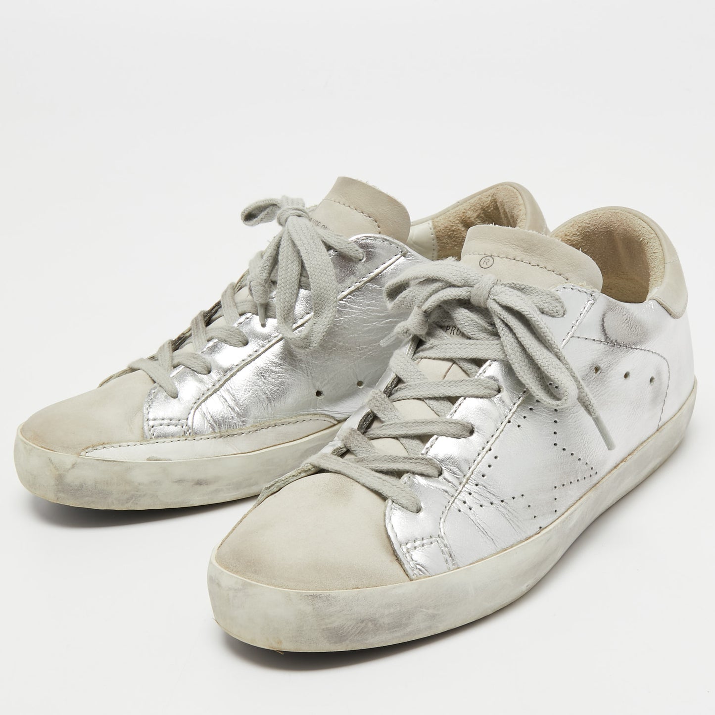 Original Golden Goose Silver/White Leather and Suede Superstar Sneakers Size 36