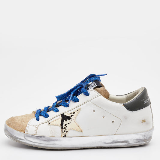 Original Golden Goose White/Brown Leather and Suede Super Star Low Top Sneakers Size 37