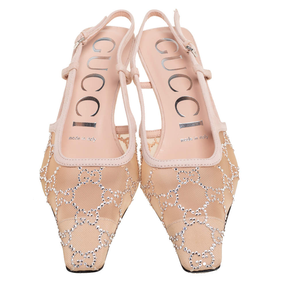 Original Gucci Rose Beige GG Embellished Mesh Slingback Pumps Size 36 (Never Used)