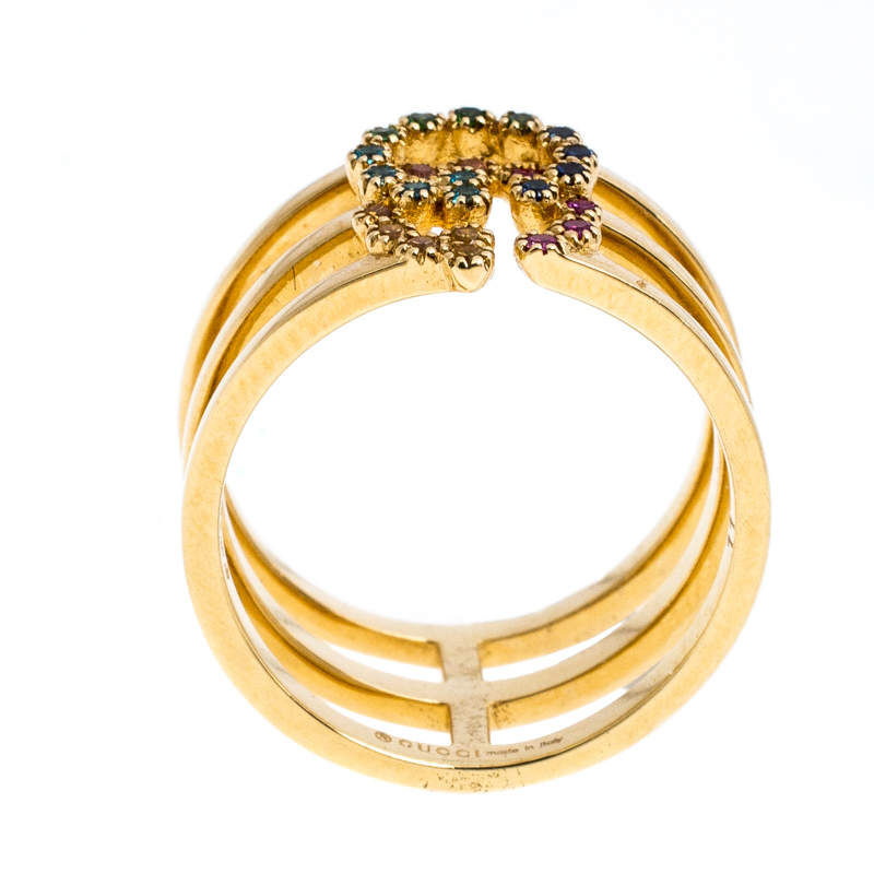 Original Gucci GG Running Multicolor Gemstones 18K Yellow Gold Ring Size 50.5